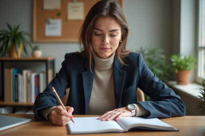 Jeune femme en bureau &eacute;crivant dans un journal sur ses ambitions