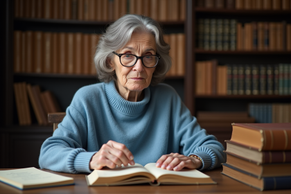 Femme française lisant un dictionnaire ancien dans une bibliothèque