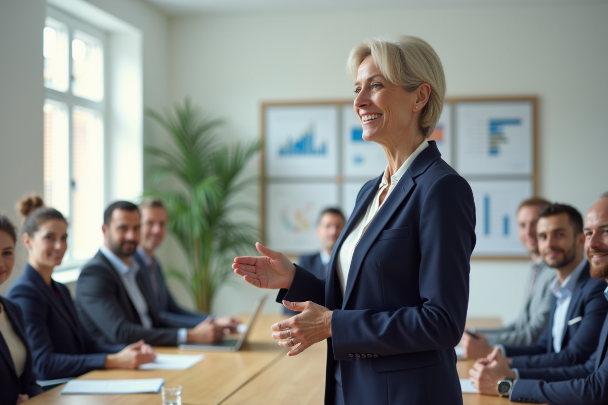 Manager femme en présentation dans une salle de réunion lumineuse