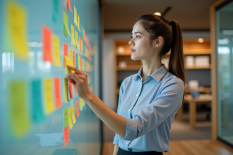 Jeune femme organisant des notes colorées au bureau