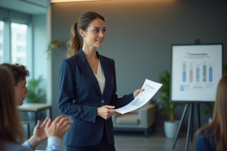 Femme professionnelle en costume navy présente une stratégie
