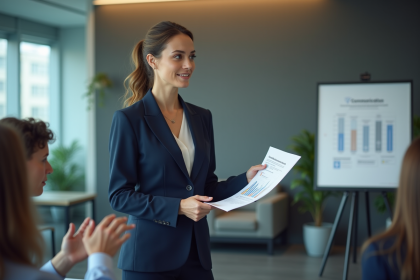Femme professionnelle en costume navy présente une stratégie