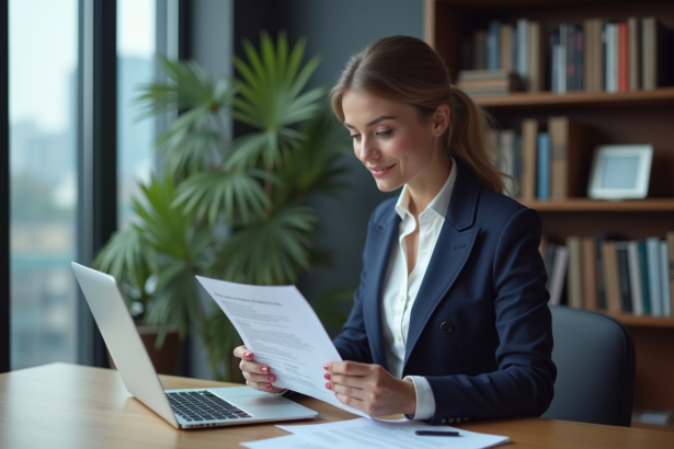 Femme en costume navy examinant son CV au bureau