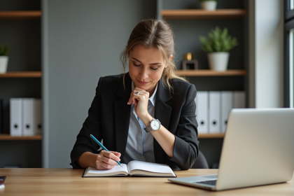 Femme au bureau prenant des notes dans un planner