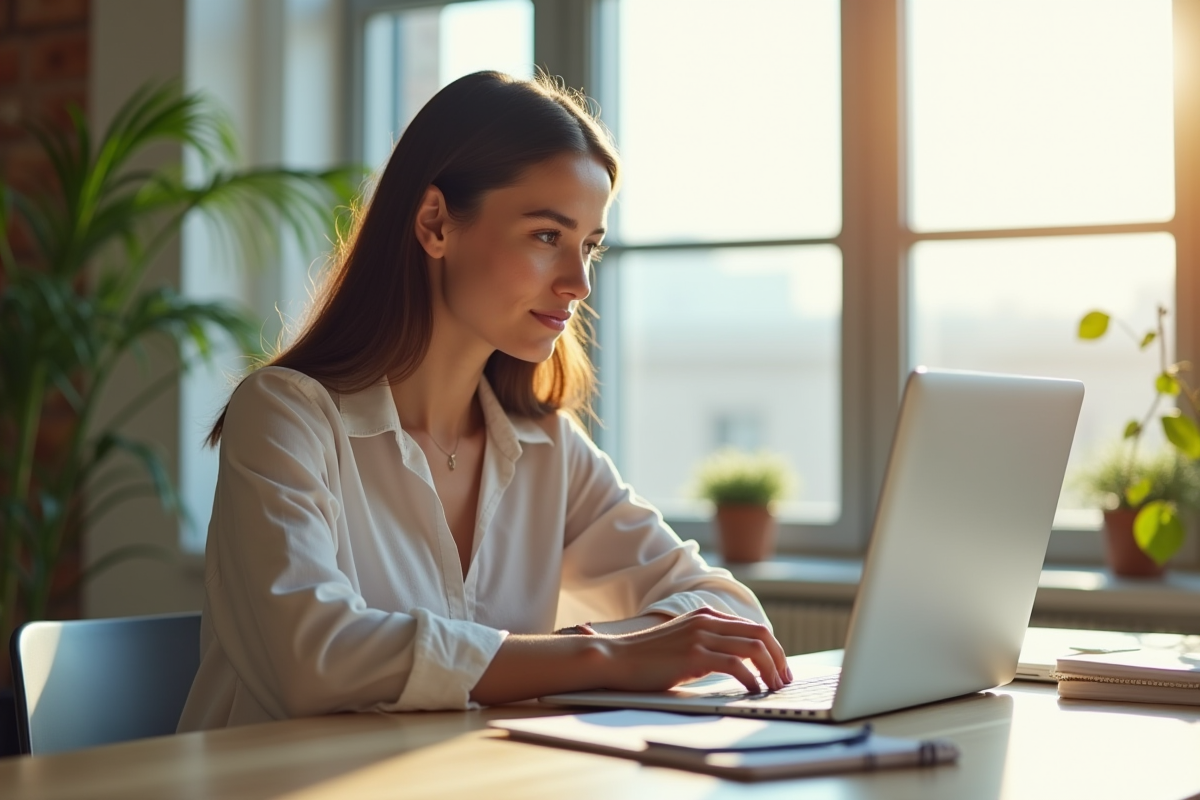 Jeune femme confiante travaillant sur son ordinateur dans un bureau lumineux