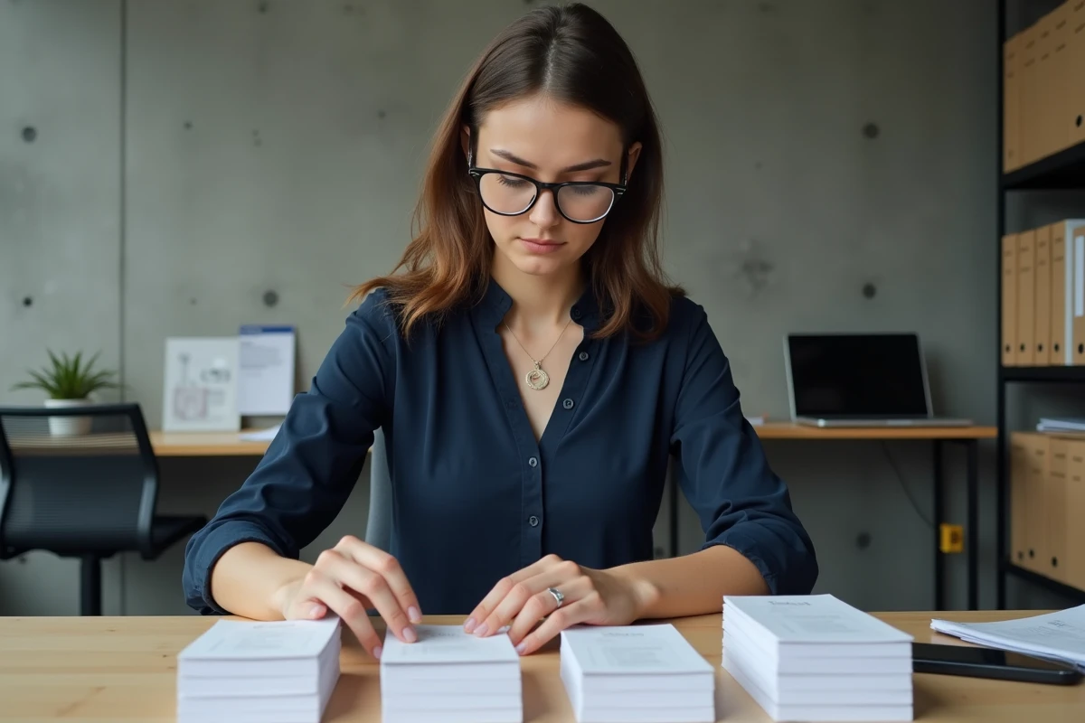 Jeune femme triant des cartes dans un bureau moderne