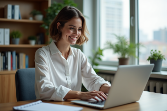 Femme souriante en réunion vidéo dans un bureau moderne