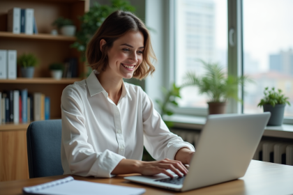 Femme souriante en r&eacute;union vid&eacute;o dans un bureau moderne