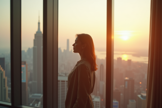 Jeune femme regardant par une grande fenêtre avec espoir