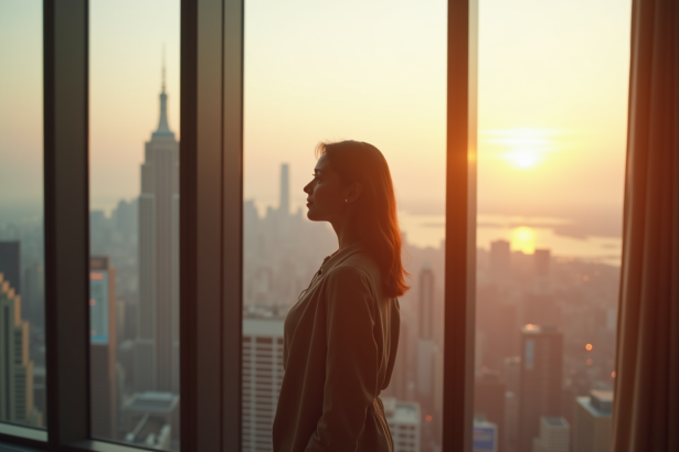 Jeune femme regardant par une grande fenêtre avec espoir