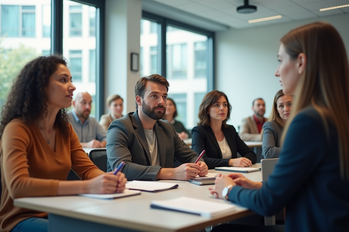 Groupe d adultes en formation attentive en classe durant la journée