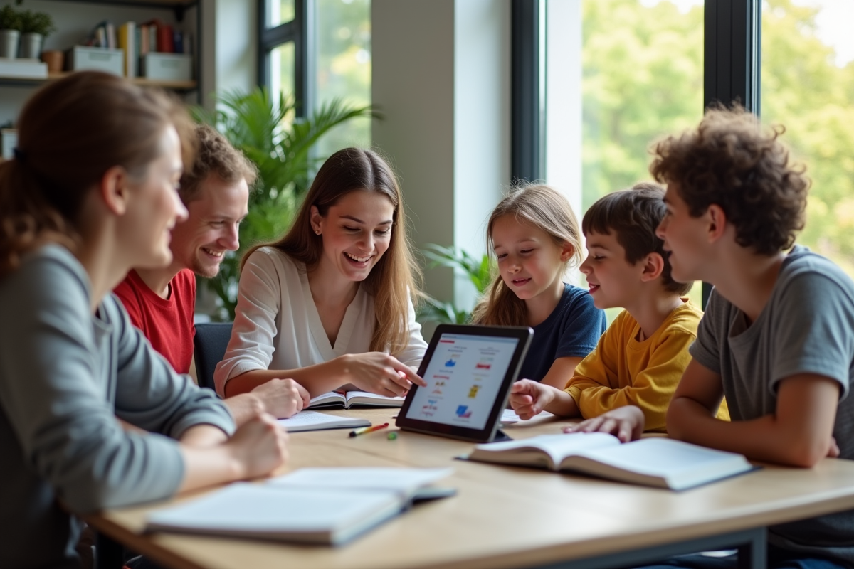 Groupe d'adultes et enfants apprenant une langue autour d'une table