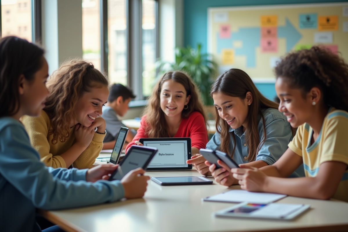 Groupe d'élèves au lycée utilisant la tablette avec Byju
