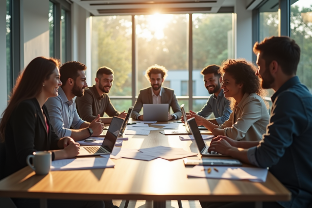 Groupe de jeunes entrepreneurs en réunion dans un bureau moderne
