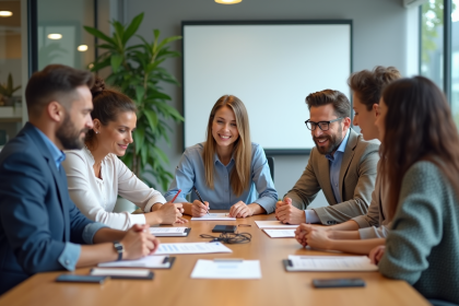 Groupe d'employes en formation dans un bureau moderne