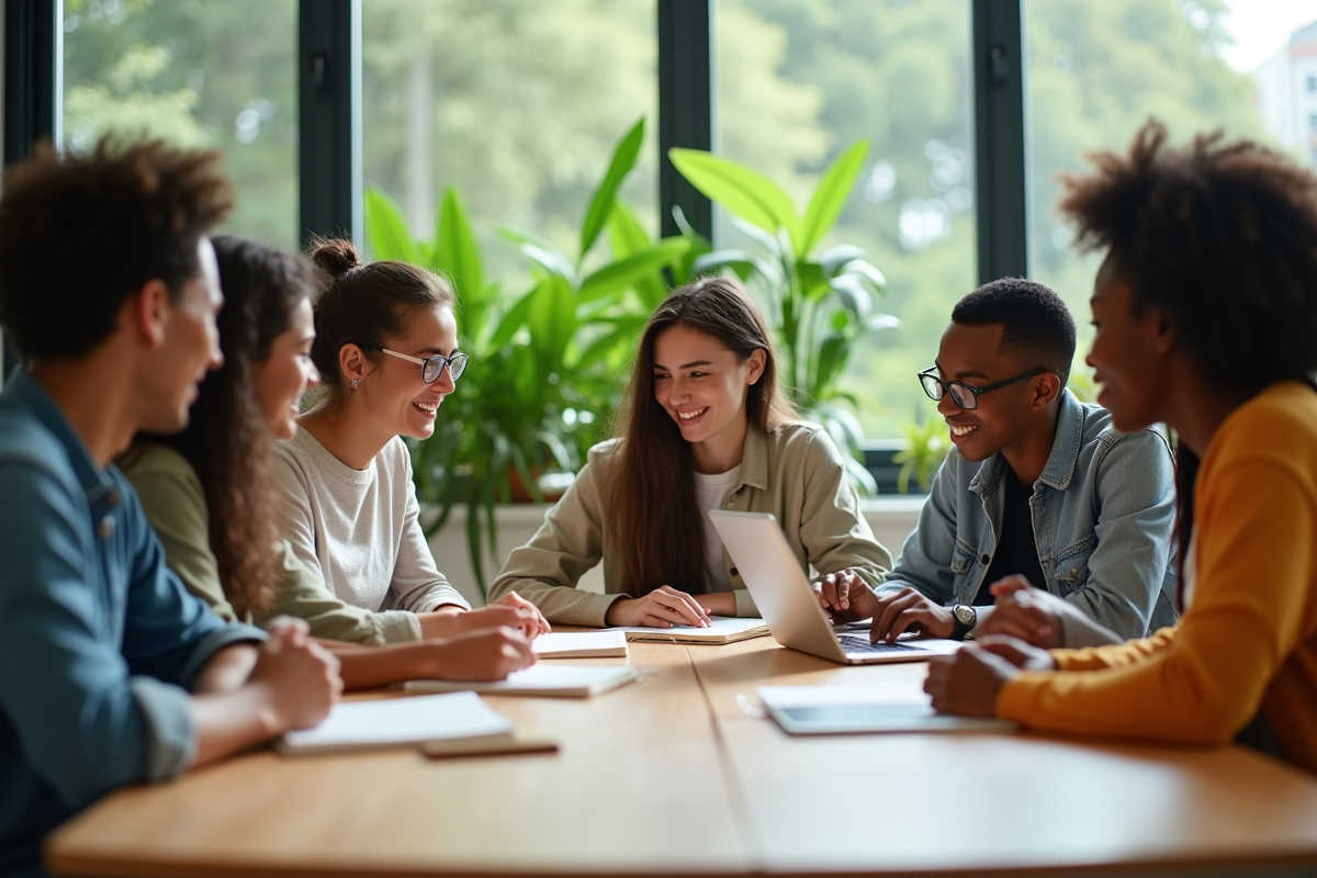 Jeunes adultes collaborant dans une salle moderne écologique