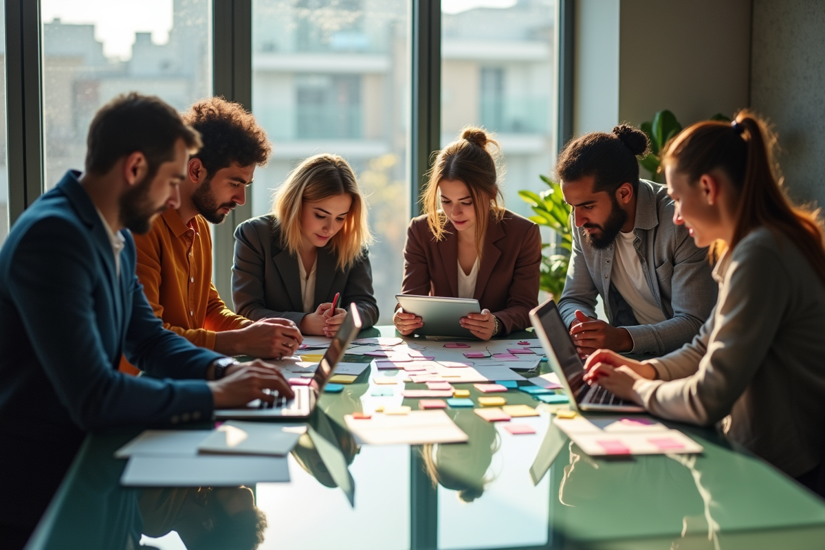 Groupe de professionnels en réunion avec sticky notes et tablettes