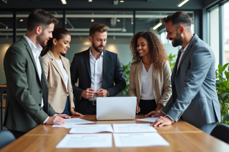 Quatre professionnels discutent autour d'une table moderne