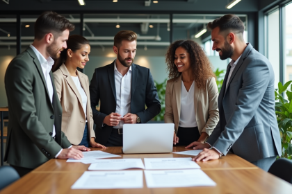 Quatre professionnels discutent autour d'une table moderne