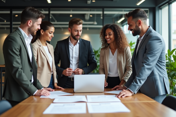 Quatre professionnels discutent autour d'une table moderne