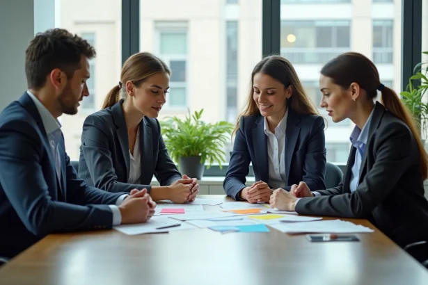 Groupe de professionnels en réunion dans un bureau lumineux