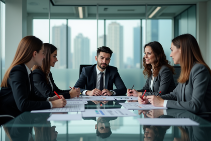 Groupe de professionnels en r&eacute;union dans un bureau moderne