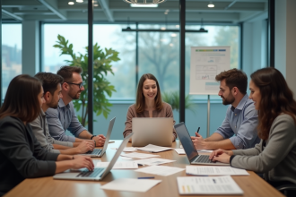 Groupe de professionnels en réunion dans un bureau moderne