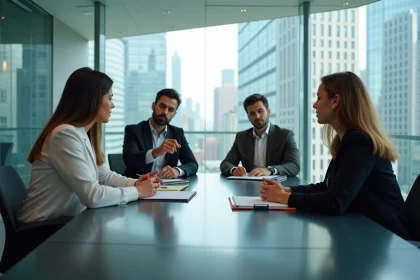 Groupe de professionnels en r&eacute;union dans un bureau moderne