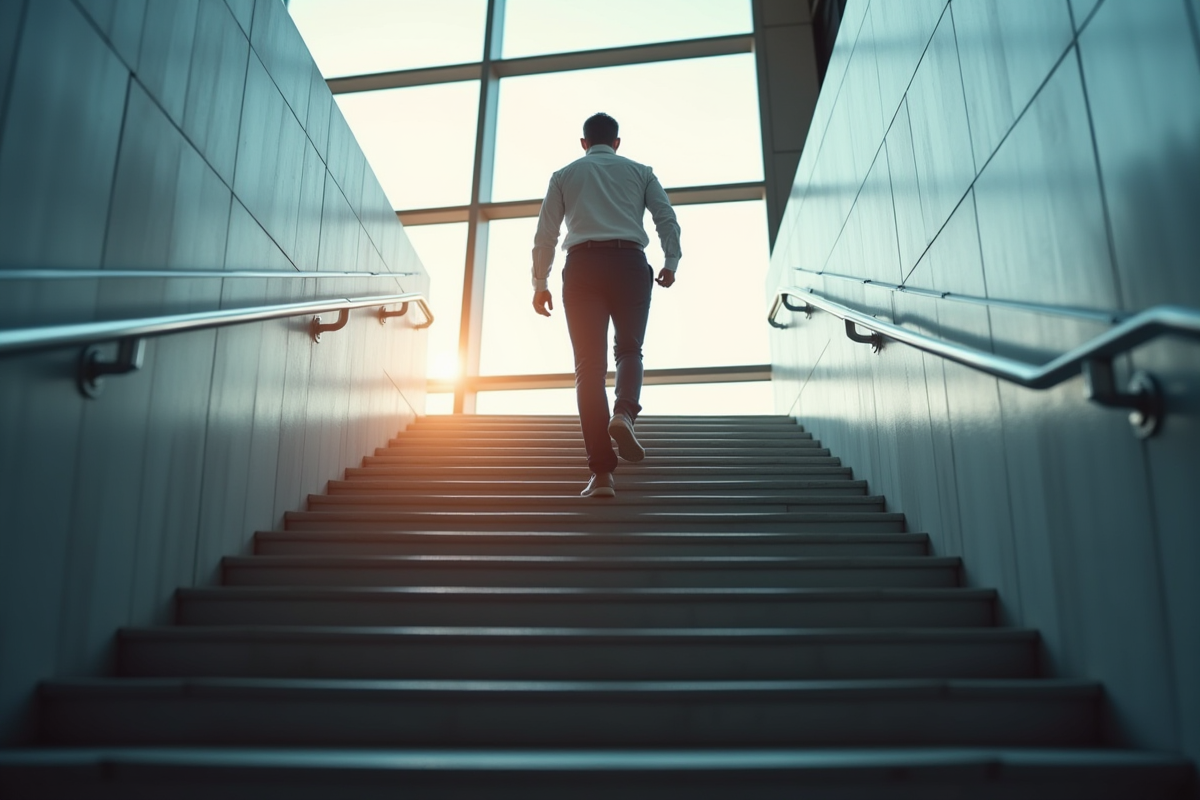 Homme professionnel montant des escaliers dans un bâtiment