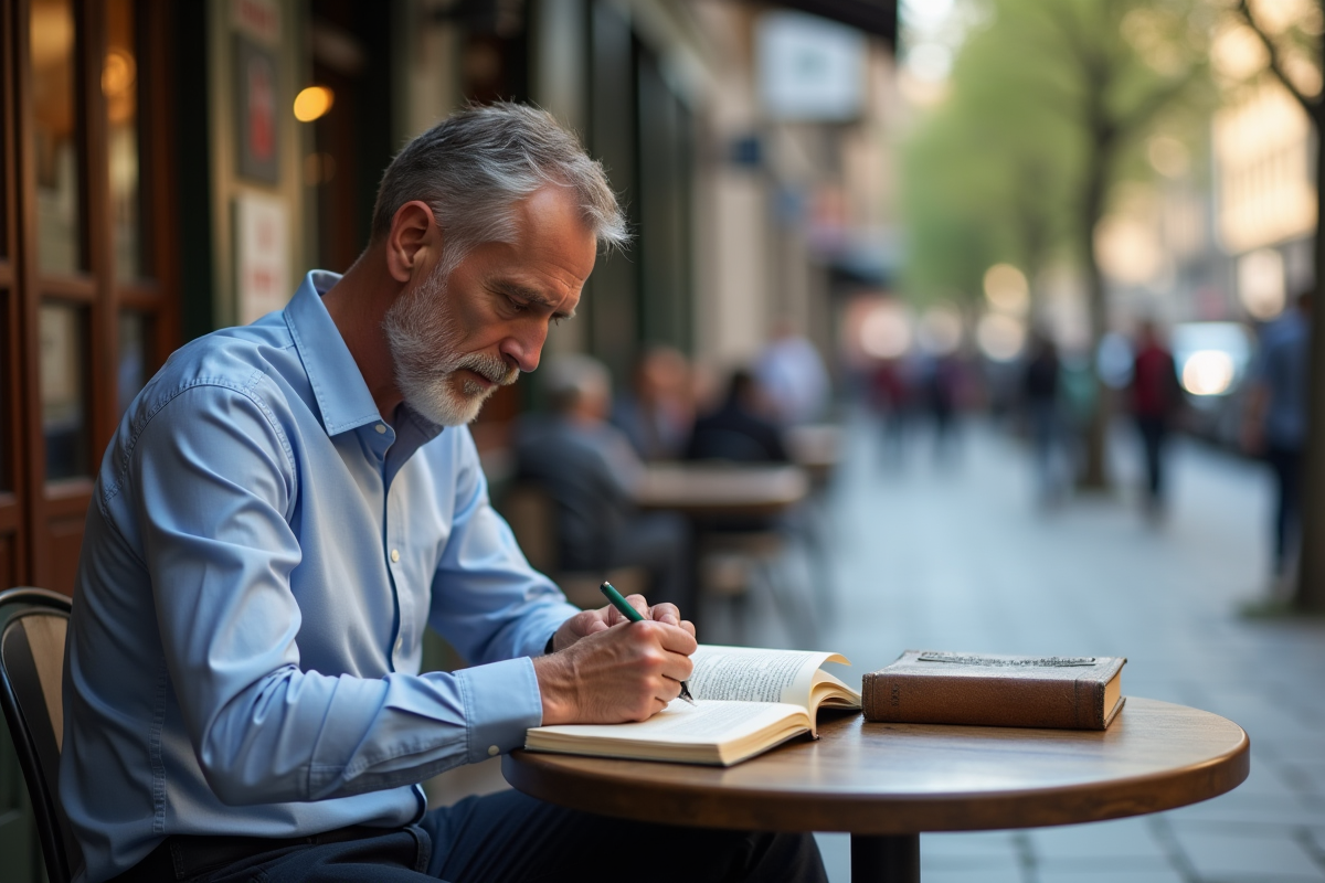 Homme lisant un livre dans un café en ville