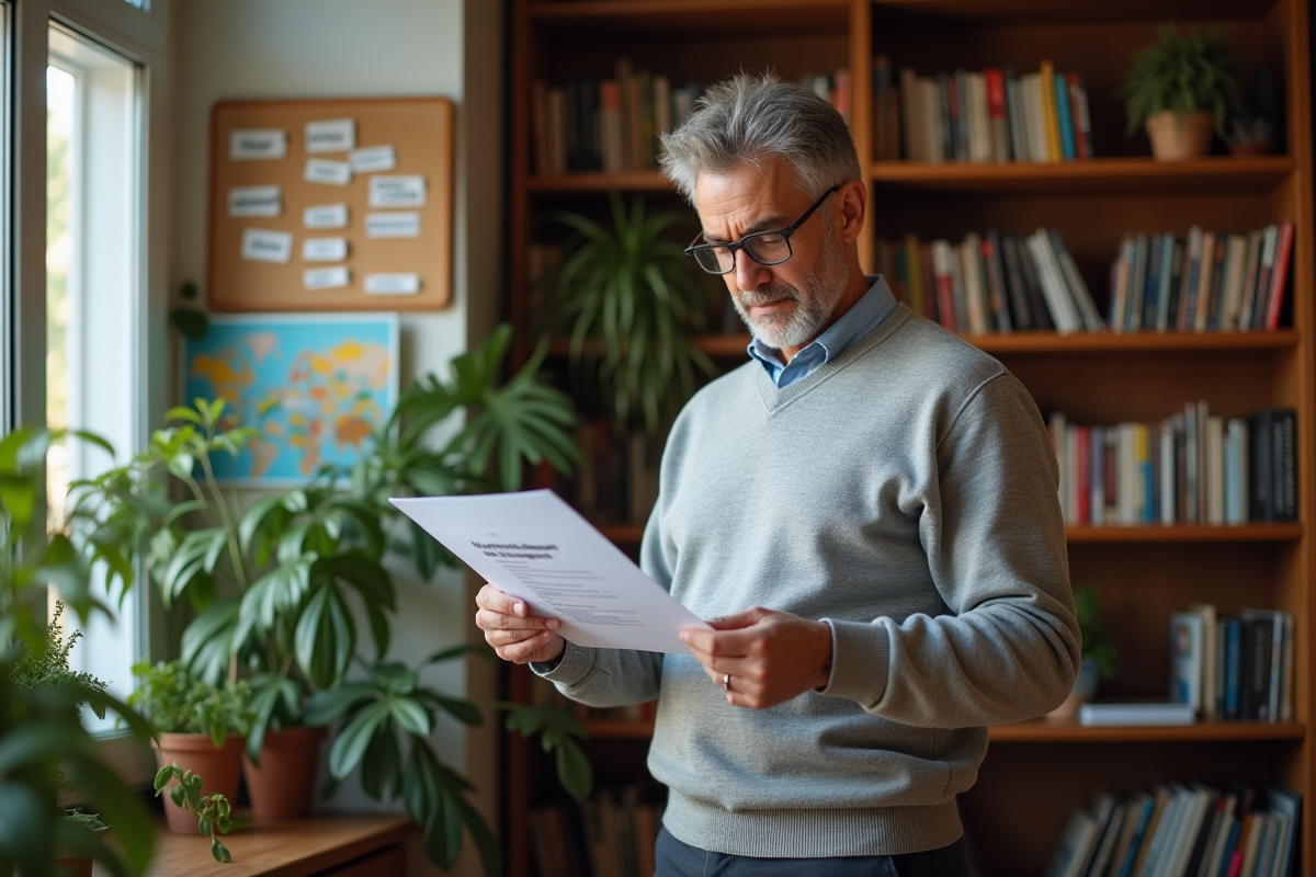 Homme en casual consulte un CV dans son bureau à la maison