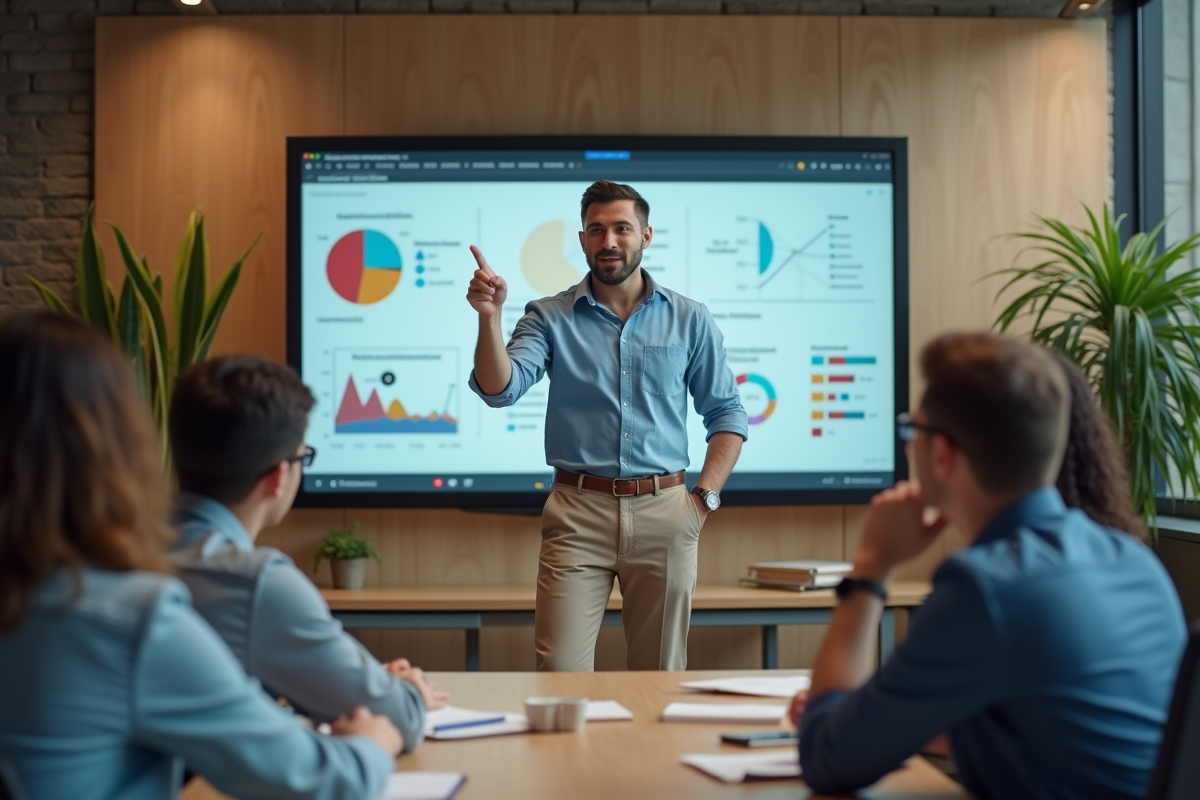 Jeune homme en casual explique un plan de communication