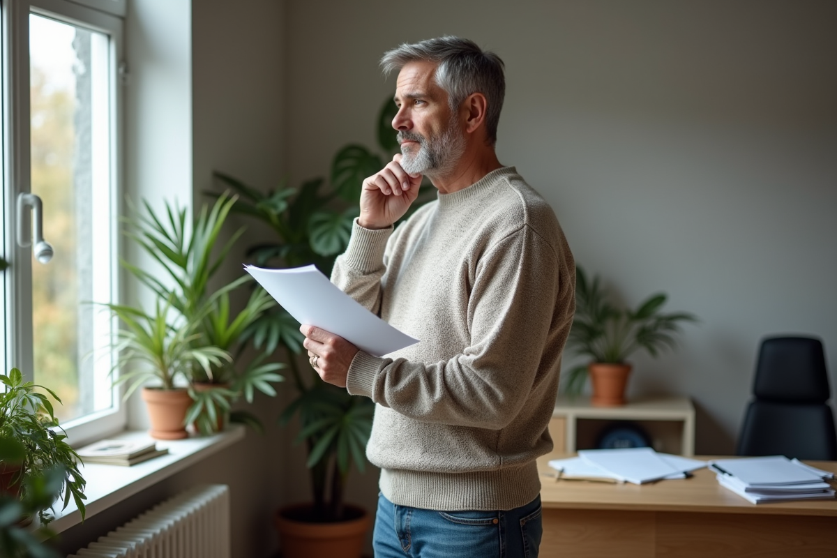 Homme mature regardant par la fenetre avec des formulaires de creation d