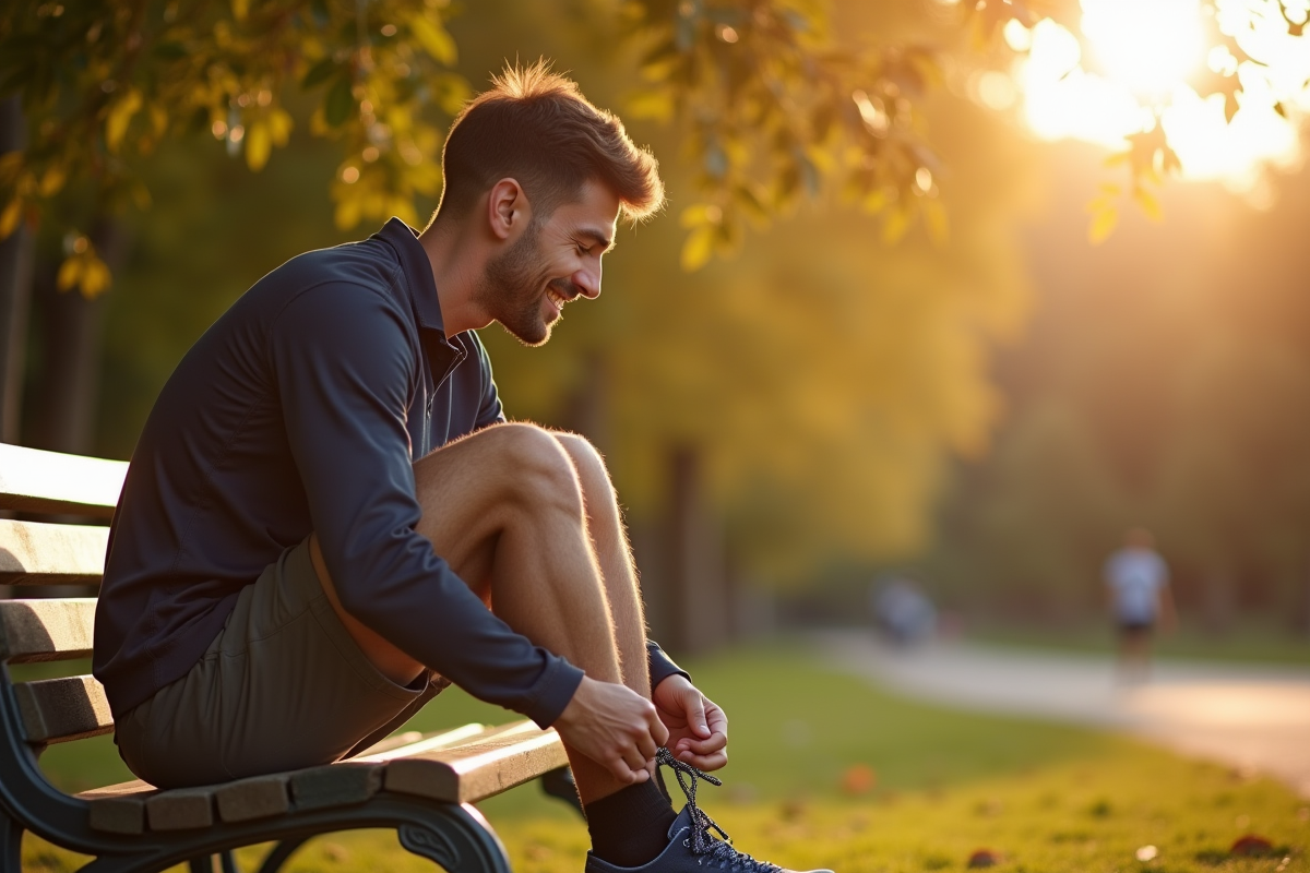 Homme assis sur un banc de parc en nouant ses chaussures