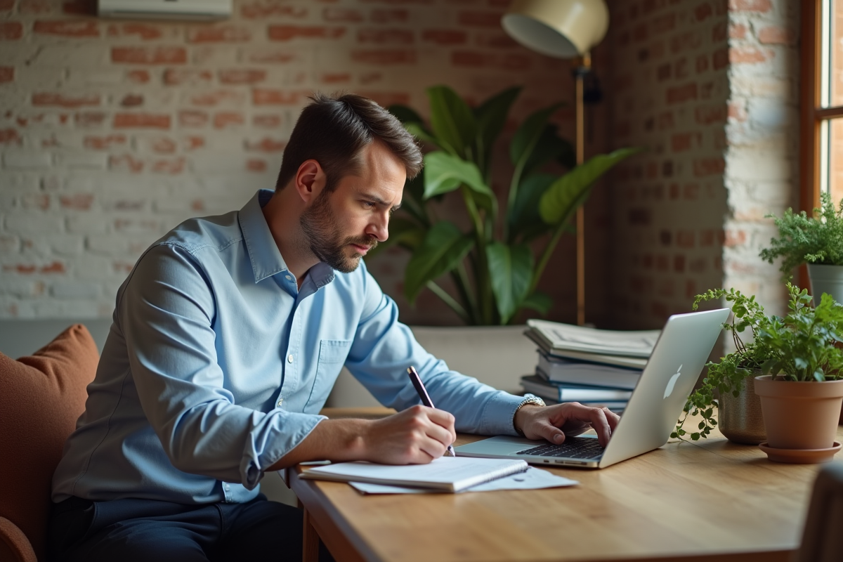 Homme écrivant dans un planner à la maison