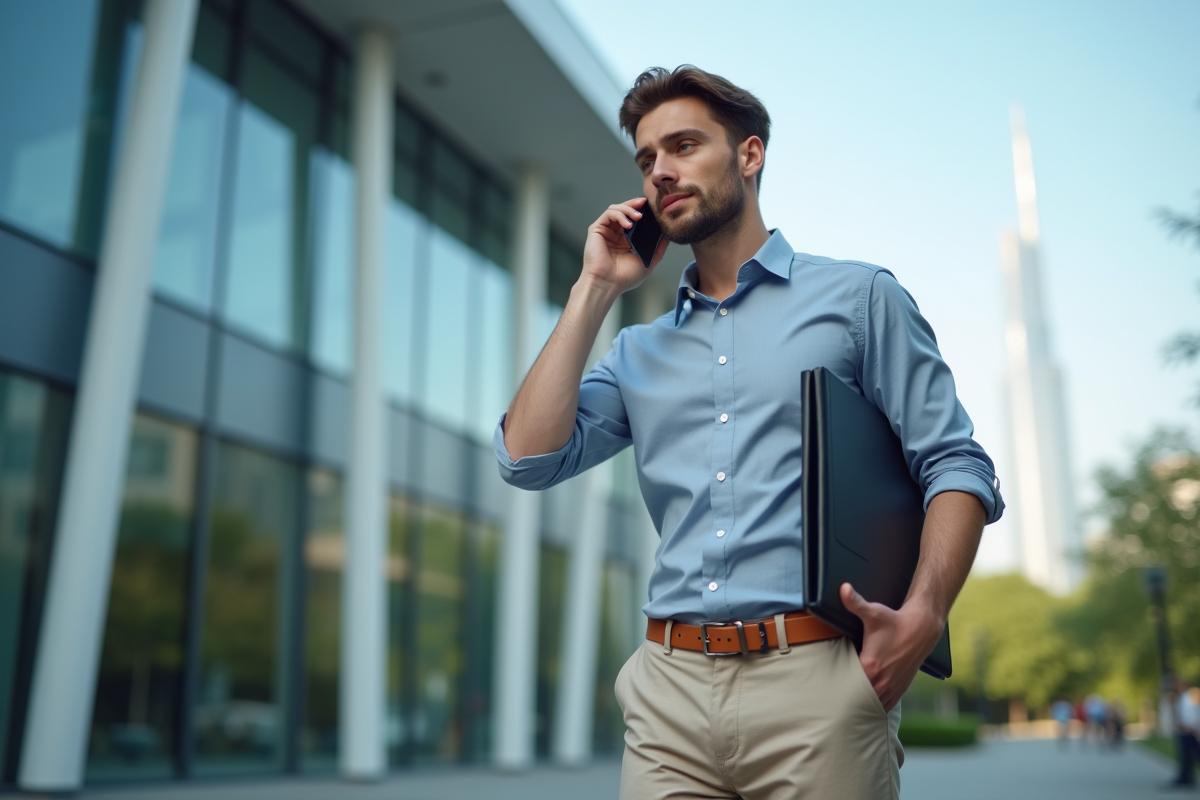 Jeune homme d affaires parlant au téléphone devant un bâtiment