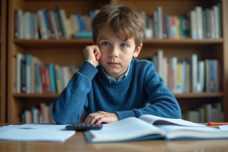 Jeune garçon pensif avec livres de maths et calculatrice