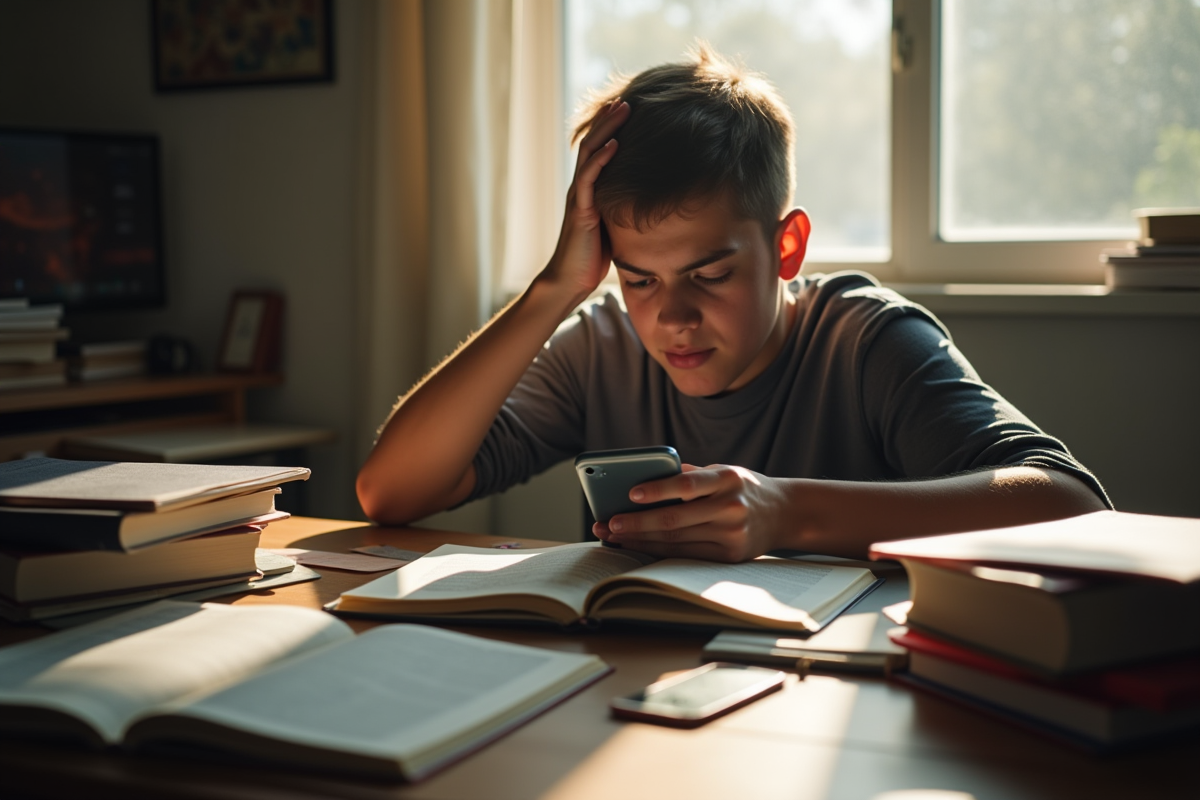 Etudiant stressé à son bureau avec smartphone et livres