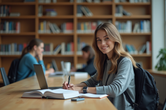 Jeune femme en bibliothèque universitaire avec livres et ordinateur