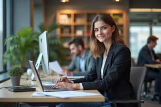 Jeune femme au bureau avec collègues et ambiance professionnelle