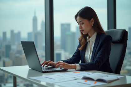 Jeune femme en costume bleu met &agrave; jour son CV au bureau