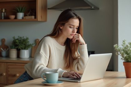 Jeune femme assise &agrave; son bureau &agrave; la maison en train de taper sur son ordinateur