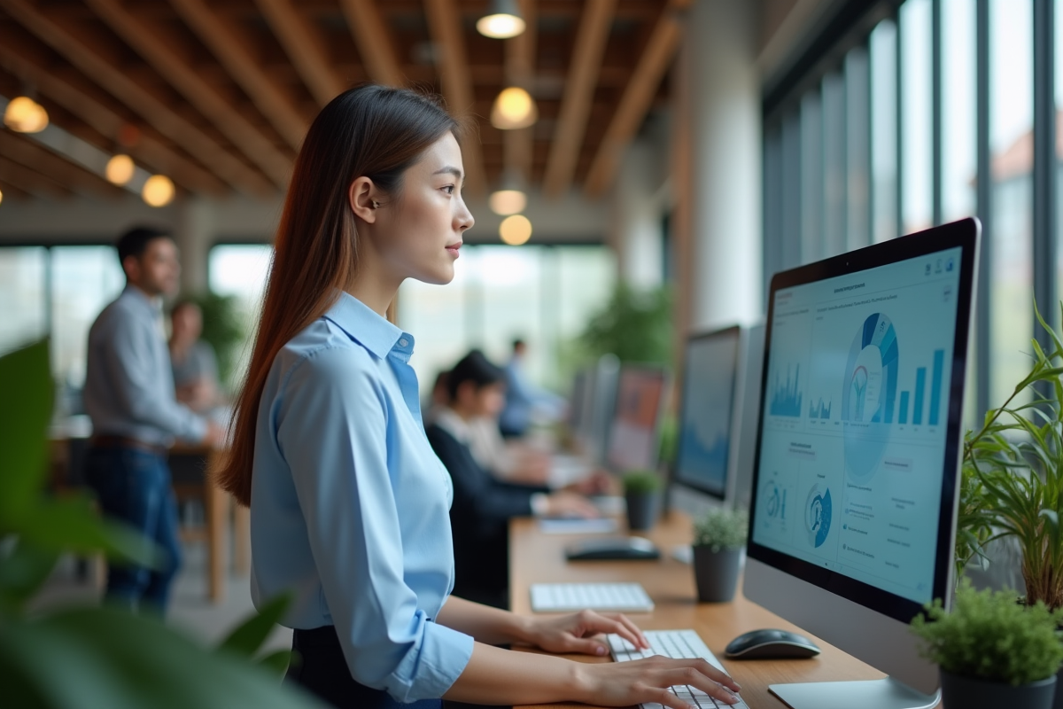 Jeune femme regardant un tableau de bord numérique au bureau