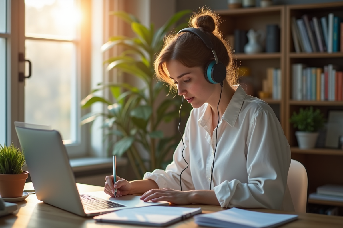Jeune femme avec écouteurs prenant des notes lors d