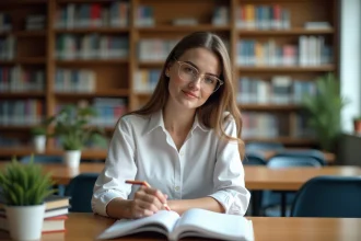 Jeune femme lisant un livre médical à la bibliothèque