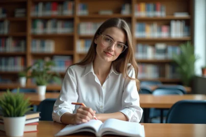 Jeune femme lisant un livre médical à la bibliothèque