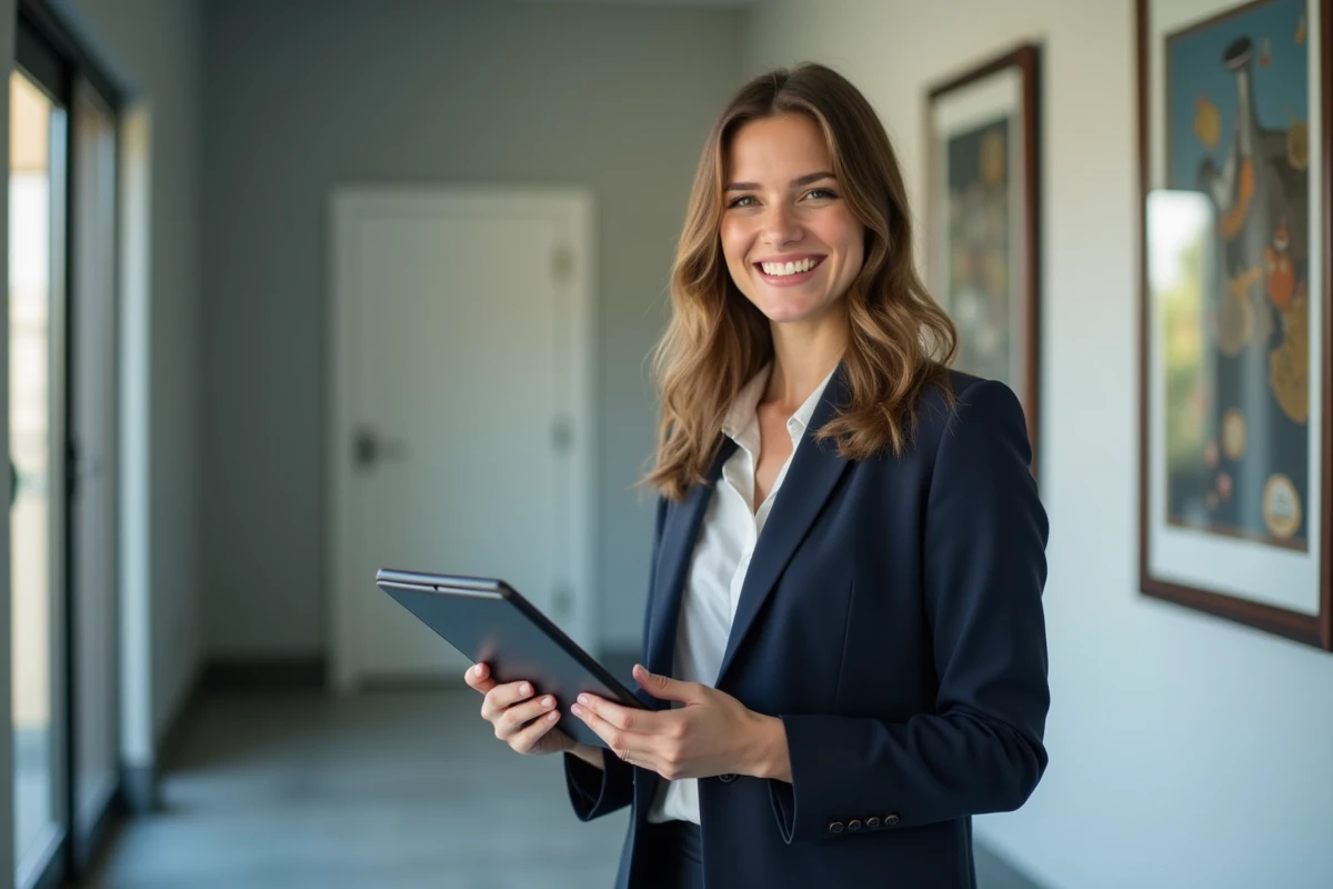 Jeune femme professionnelle souriante avec tablette dans un couloir