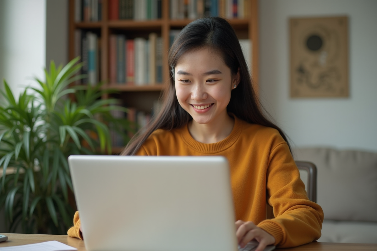 Jeune femme souriante faisant un test de langue chez elle