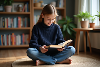 Jeune fille lisant un livre dans un salon chaleureux