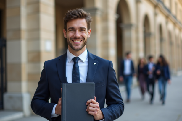Jeune homme diplômé en costume devant université